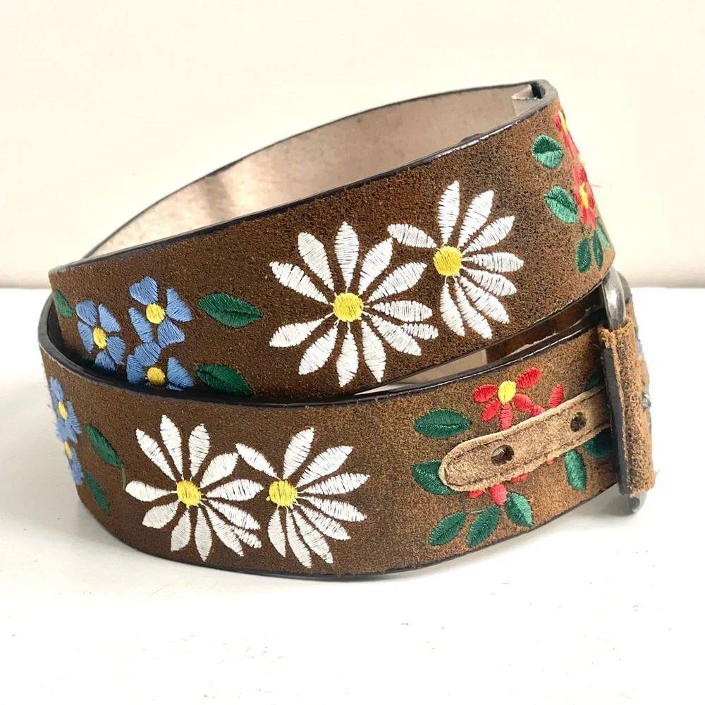 Brown Suede Floral Embroidered Belt with Silver Buckle - Picture 2 of 12